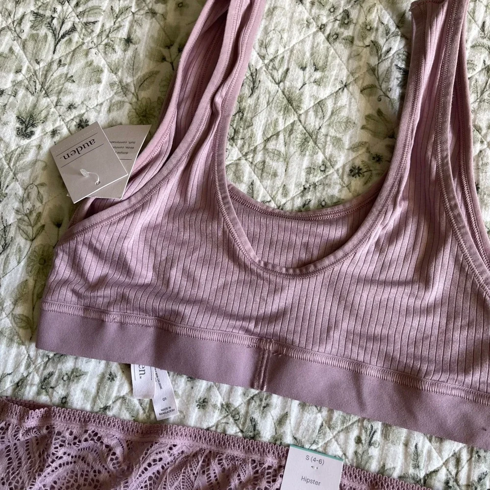 Auden Mauve Ribbed Bralette and Lace Hipster Panty Set NWT Size Small 4-6